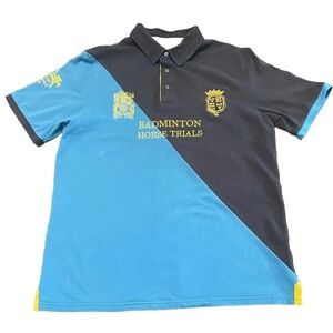 Joules Badminton Horse Trails Men's XL Polo Top Shirt Navy Blue Yellow Crests